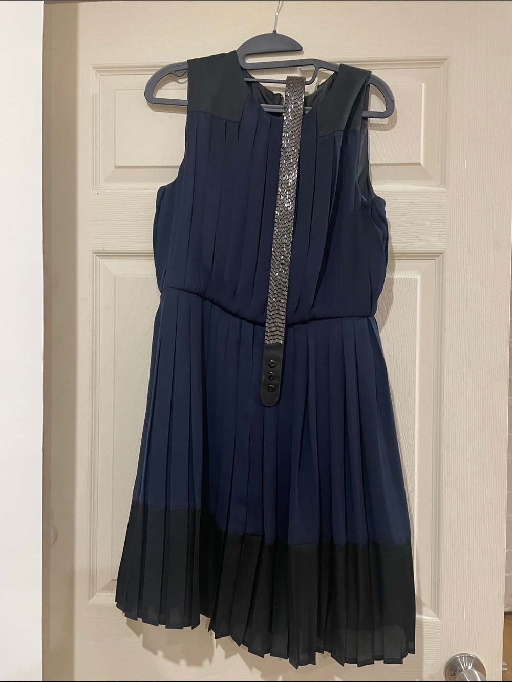 Mango Navy and Black Pleated Sleeveless Dress